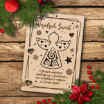 Drewniana kartka świąteczna „Aniołek” z grawerem – sklejka 3 mm, napis „Wesołych Świąt”, dekoracje bożonarodzeniowe